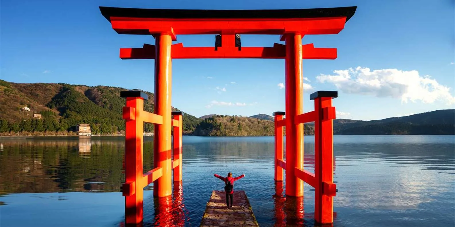 Red lakeside torii at Hakone Shrine