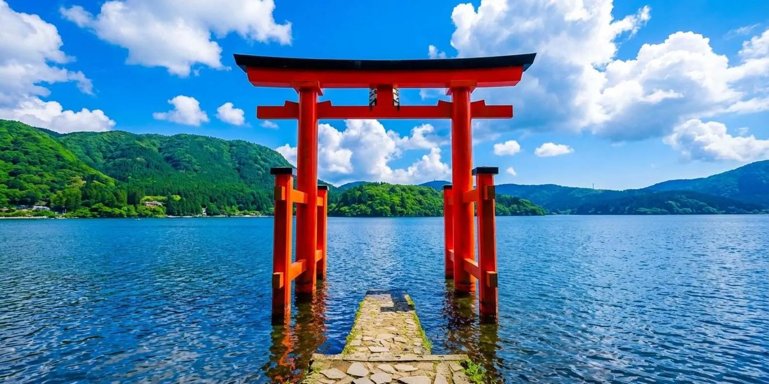 Lakeside torii and distant Mount Fuji