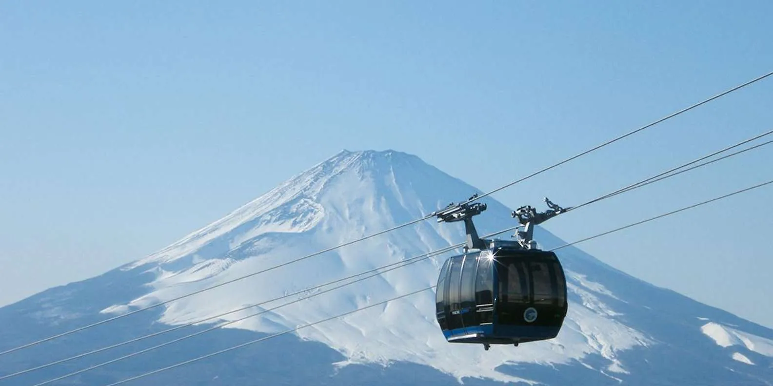 Ropeway cabin with Mount Fuji in the distance