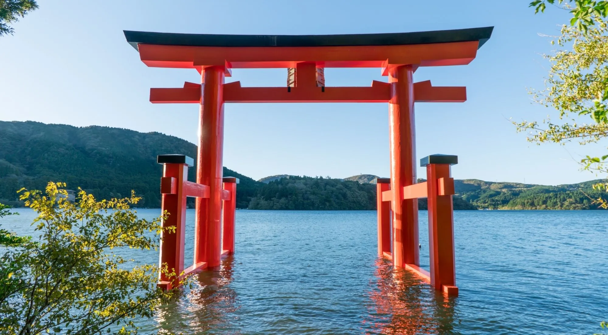 Red lakeside torii at Hakone Shrine
