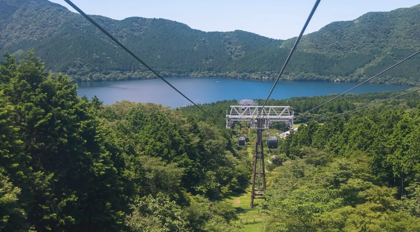 Cable car above the forest and lake