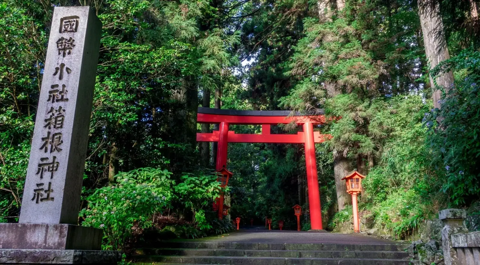 Red torii and stone lanterns on the forest approach to Hakone Shrine